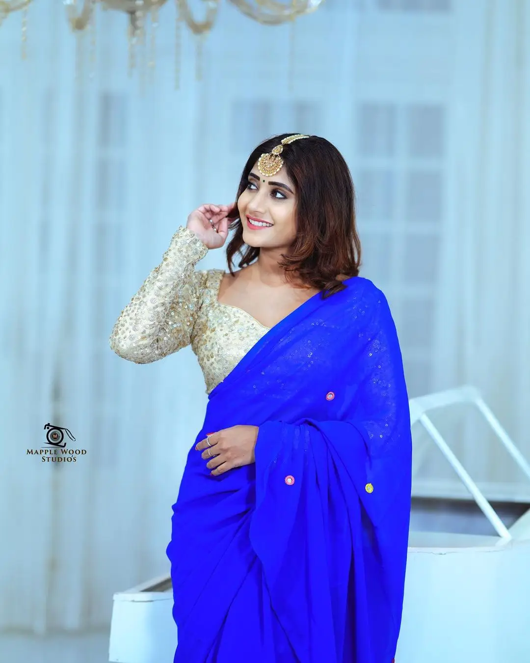 Vasanthi Krishnan Wearing Blue Saree Yellow Blouse